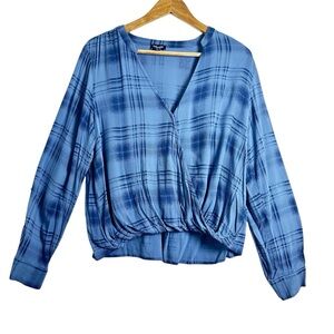 Splendid 100% Viscose Plaid V-Neck Blue Blouse